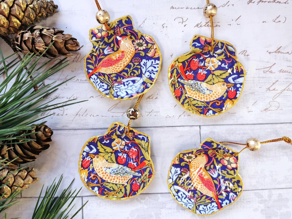 Set of Four Hanging Shell Ornaments: William Morris Christmas Tree Baubles