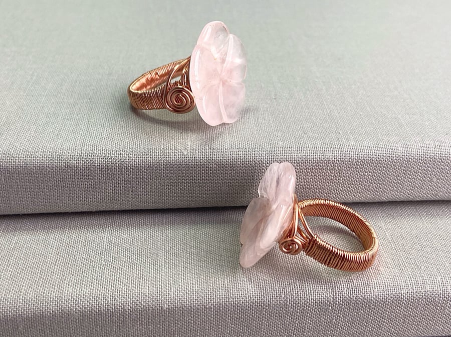 Rose Quartz Flower Copper Wire Wrap Cocktail Ring, Various Sizes