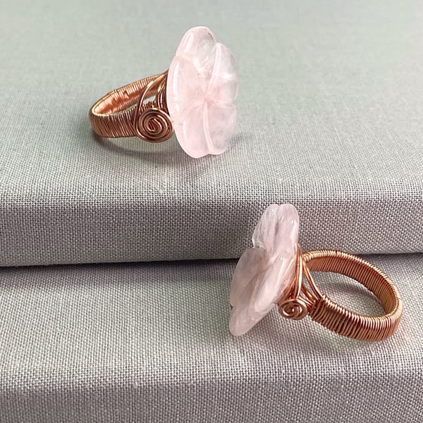 Rose Quartz Flower Copper Wire Wrap Cocktail Ring, Various Sizes