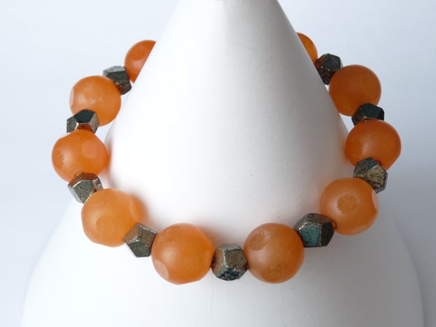Orange Jade and Pyrite Bracelet - Handmade - Genuine Gemstone