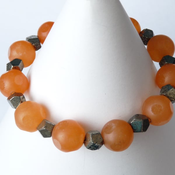Orange Jade and Pyrite Bracelet - Handmade - Genuine Gemstone