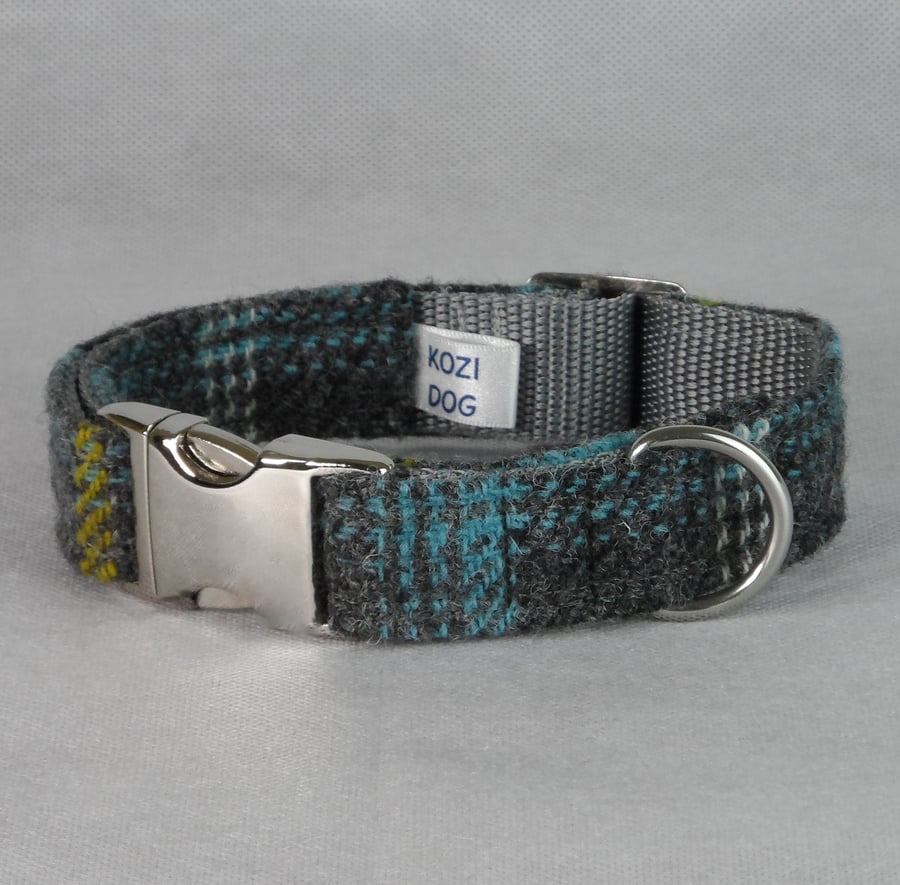 Handmade Harris Tweed Dog Collar - Grey-Blue Tartan 