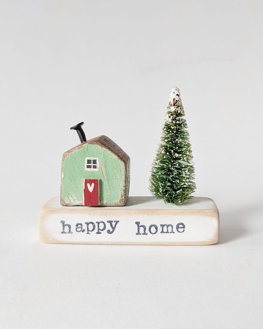 Little Wooden Handmade House in a Bag with Christmas Tree 'Happy Home' 
