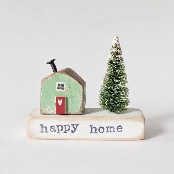 Little Wooden Handmade House in a Bag with Christmas Tree 'Happy Home' 