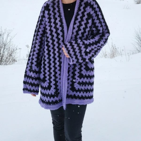 Handmade Crochet Hexagon Cardigan Purple Black Granny Square Goth Boho Oversized