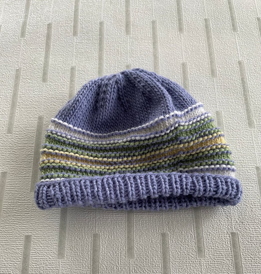 Hand knitted striped baby hat