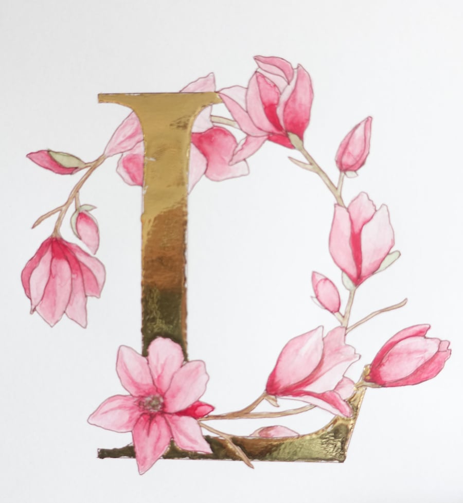 Perfectly Imperfect Watercolour Magnolia  with 23.5 carat gold letter L 