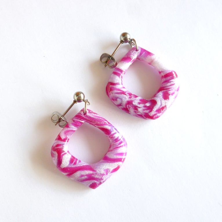 Fuchsia Pink & White Marbled Polymer Clay Earrings, Garden Inspired Dangles