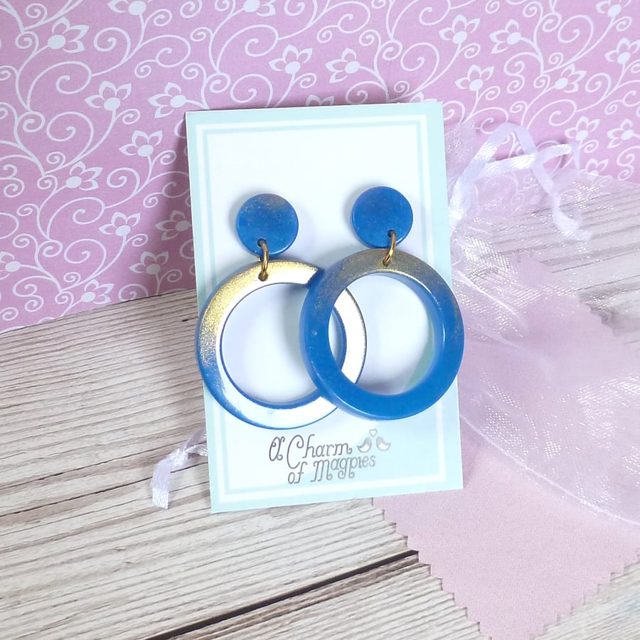 Big blue hoop earrings, bright blue resin earrings, colourful jewellery