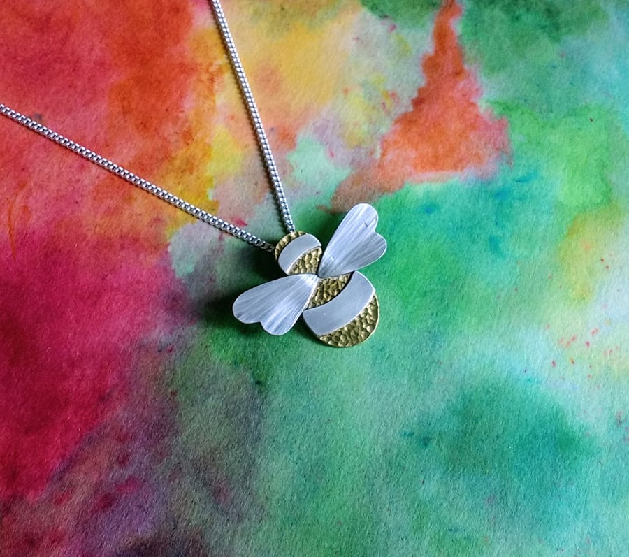 Bumble Bee Pendant, Brass with Silver Stripes & Wings, Sterling Silver Chain