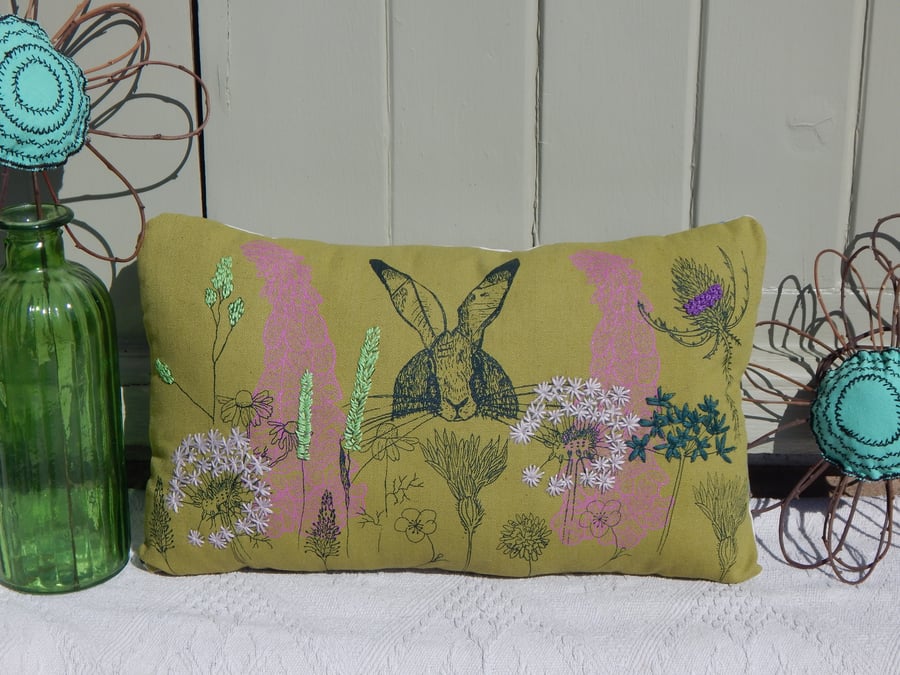 Hare and Wild flower Cotton Canvas Cushion  Screen printed