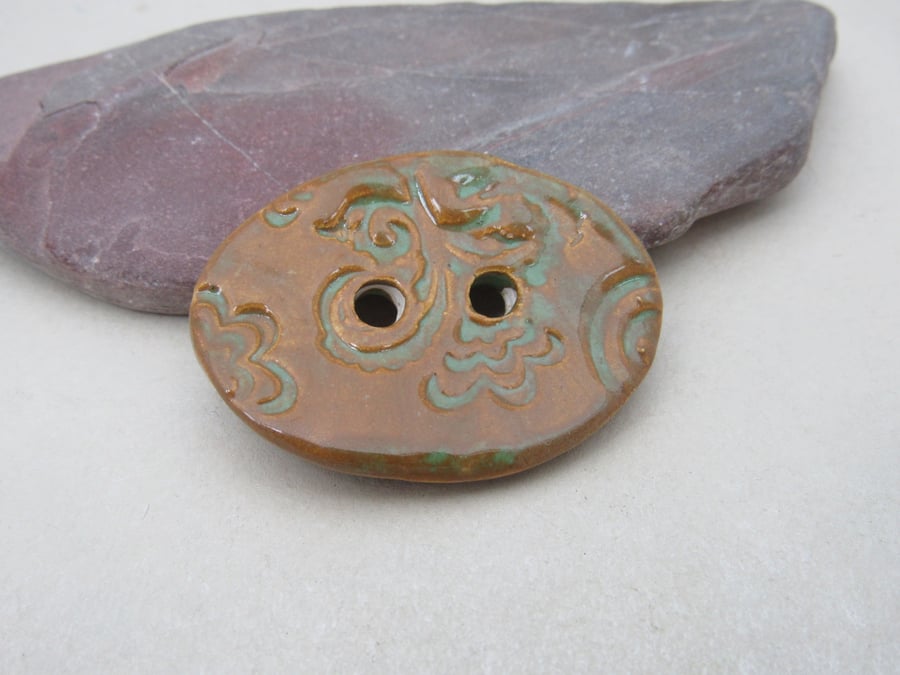 Large Grassland Green Brown Brocade Oval Handmade Ceramic Button