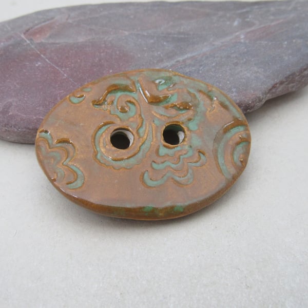 Large Grassland Green Brown Brocade Oval Handmade Ceramic Button