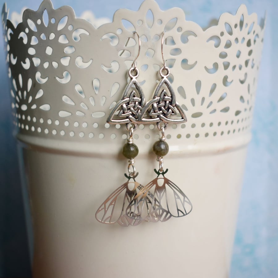 Labradorite, Triquetra and Moth Earrings, Celtic Knot Jewellery
