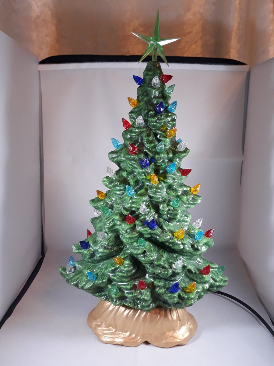 Ceramic Hand Painted Tall Green Christmas Xmas Tree  LED Table Lamp Decoration.