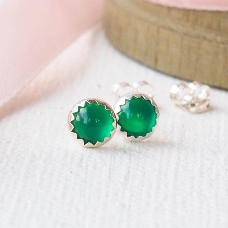 Green Agate and Silver Stud Earrings - May Birthstone
