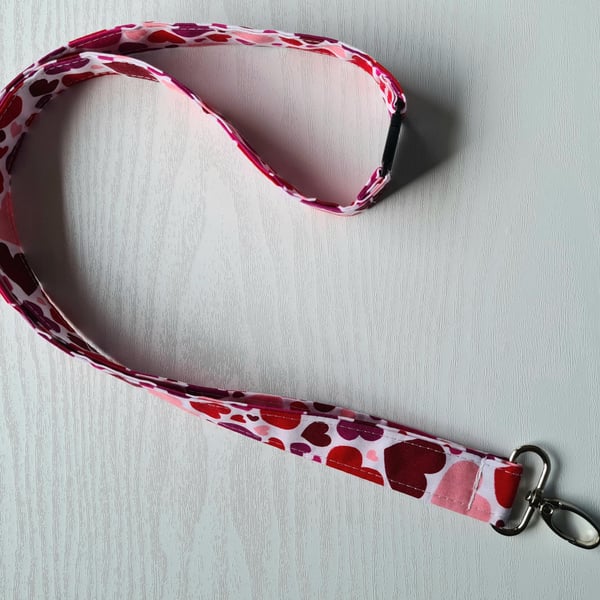 Handmade Cotton Lanyard with Clip Red Pink Hearts, Safety Catch (19" Length)
