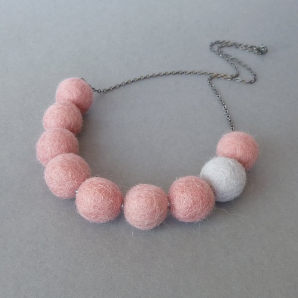 Chunky Pale Pink and Grey Felt Necklace - Statement Colour block Jewellery Gifts