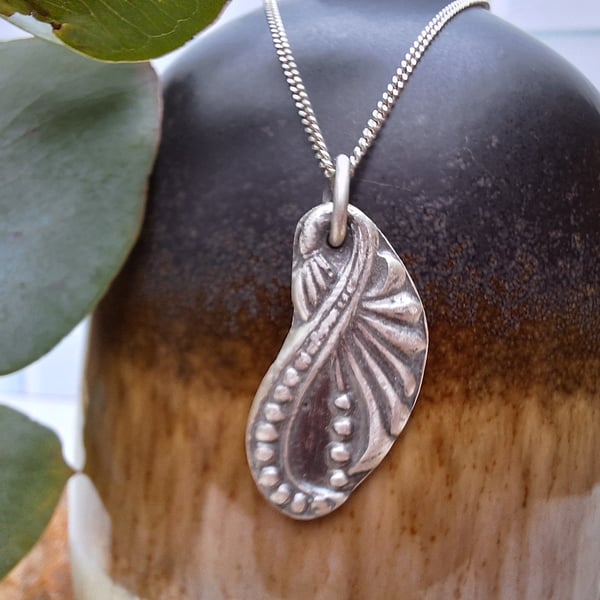 Fine Silver Fan Pendant, Vintage Indian Mould, paisley print, sterling chain, 