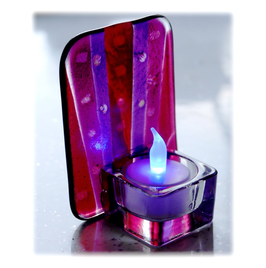 Candle Holder Fused Glass Tea-light  Purple Flare 001 Dichroic