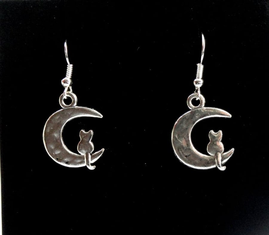 Silver cat and moon dangle earrings