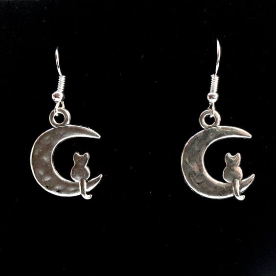 Silver cat and moon dangle earrings