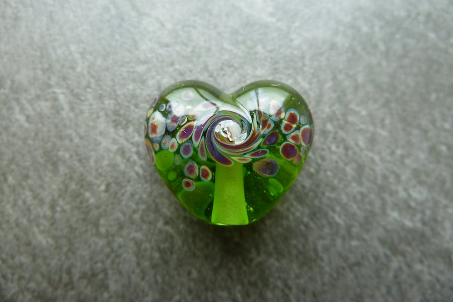 green frit heart, lampwork glass bead