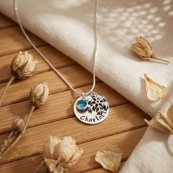 Personalised Snowflake Necklace with Birthstone - Gift Boxed - Free Delivery