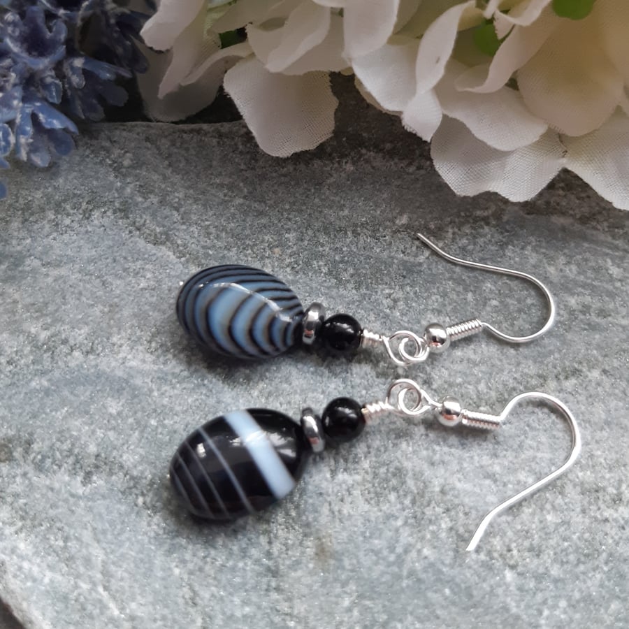 Black Banded Agate Drop Earrings Silver Plate