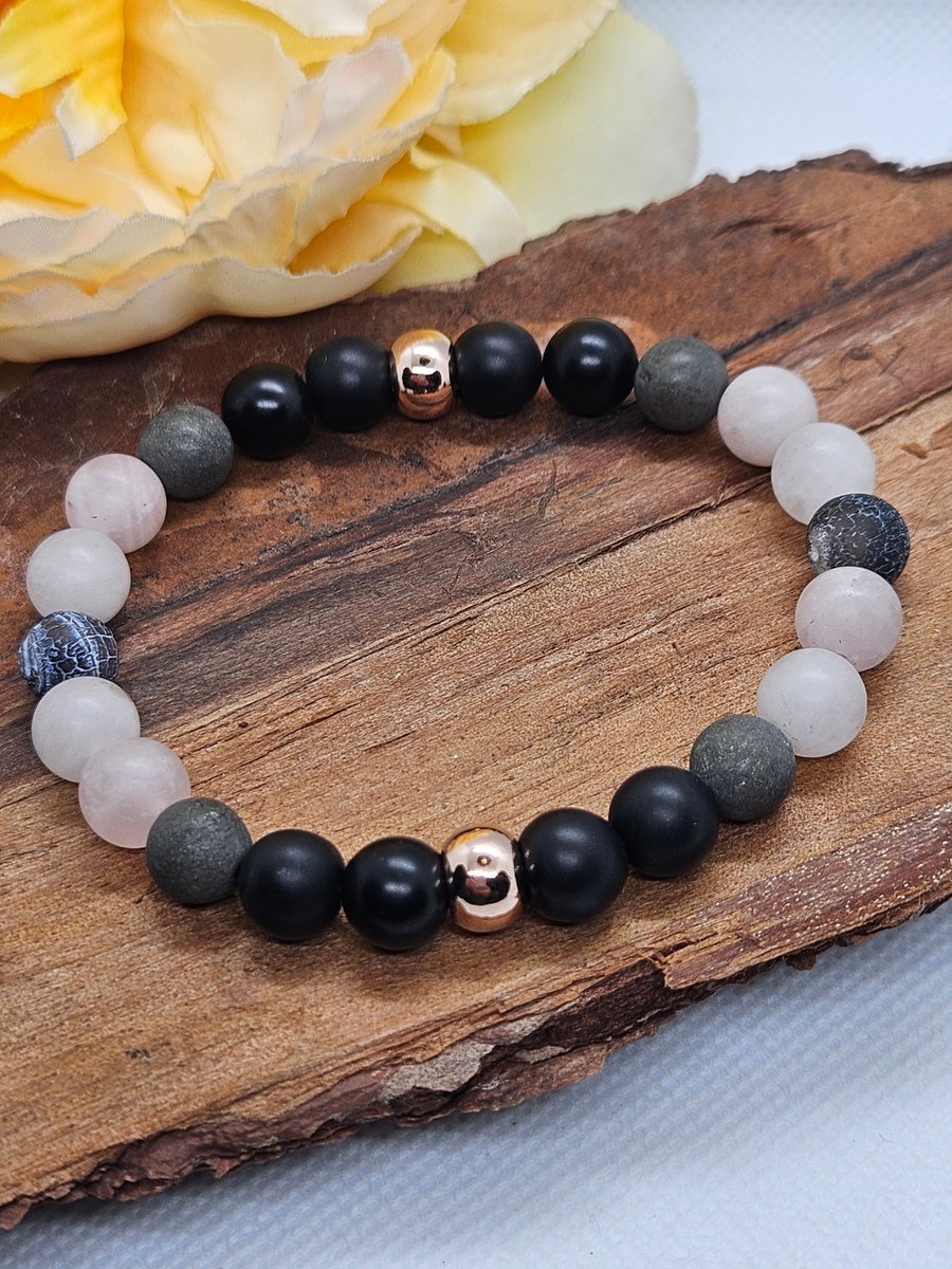 Onyx pyrite rose quartz agate copper stretch bracelet simple and elegant