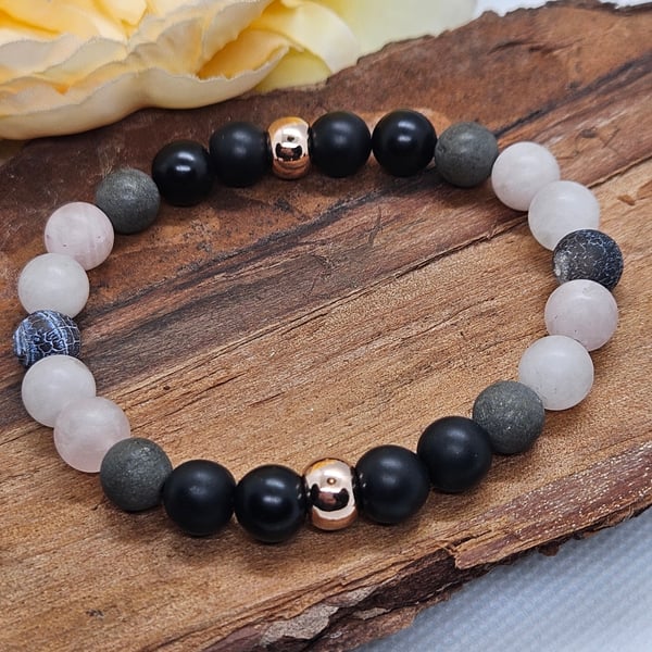 Onyx pyrite rose quartz agate copper stretch bracelet simple and elegant