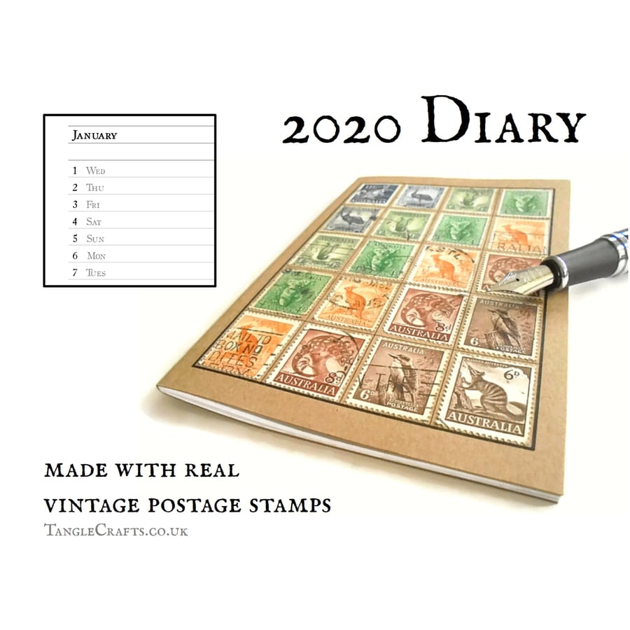 Australia Wildlife Diary 2020, Recycled Vintage Postage Stamps, A6 date book