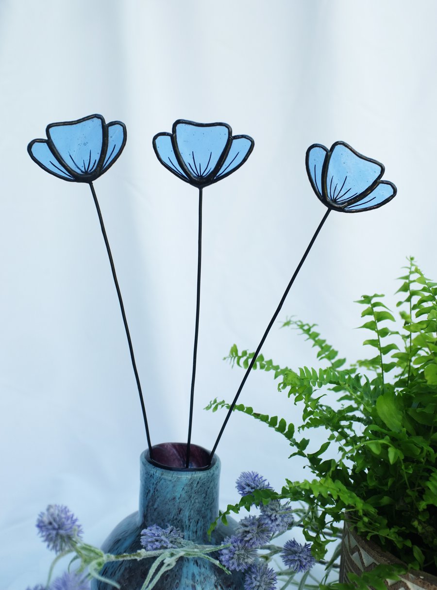 Stained Glass Blue Poppy, Handmade Wild Flowers