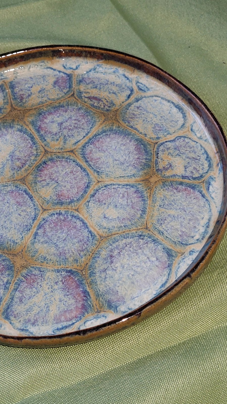 Patterned green blue pink ceramic plate handmade pottery