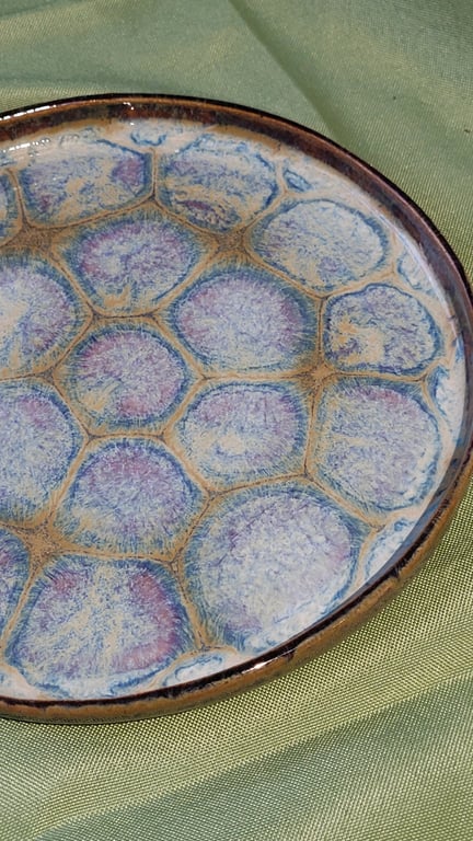 Patterned green blue pink ceramic plate handmade pottery