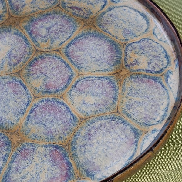 Patterned green blue pink ceramic plate handmade pottery
