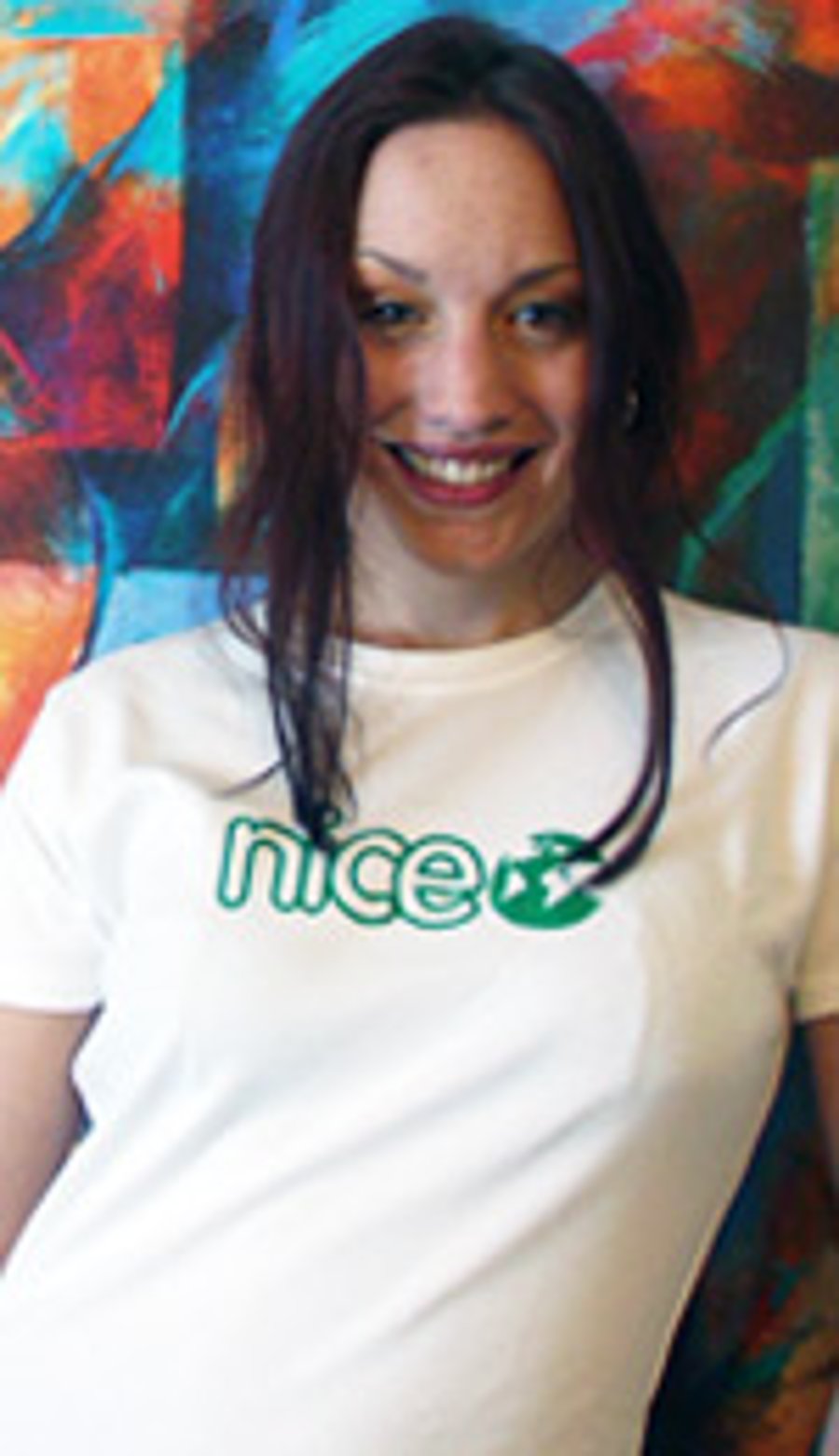 Womans Fairwear organic T shirt printed silk screen with Nice and a World motif 