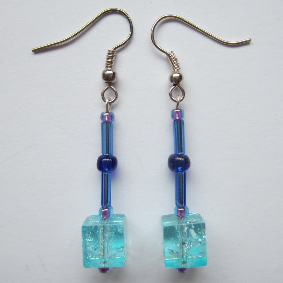 SALE Blue Cube Bead Earrings