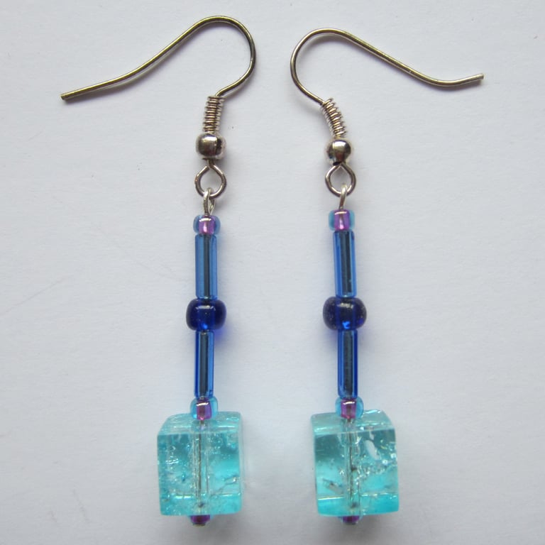SALE Blue Cube Bead Earrings
