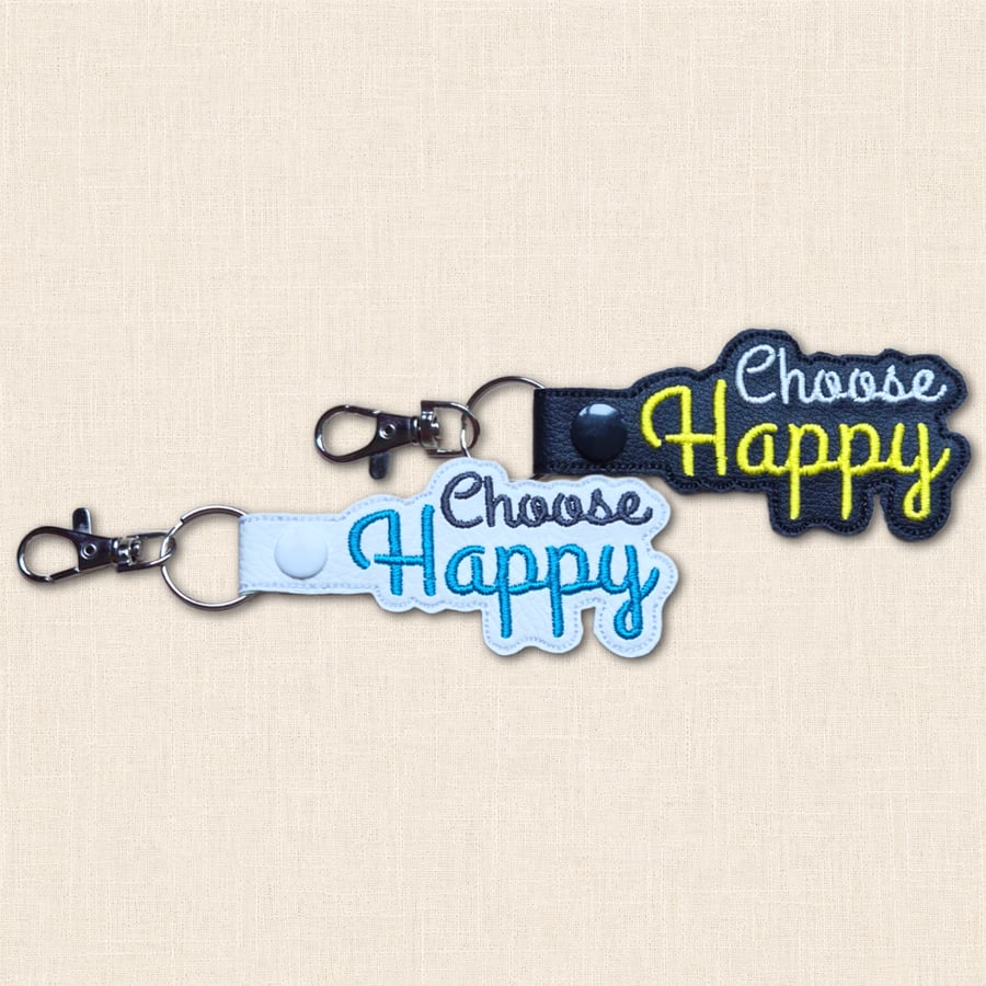 Choose Happy Keyring - Embroidered Faux Leather Bag Charm