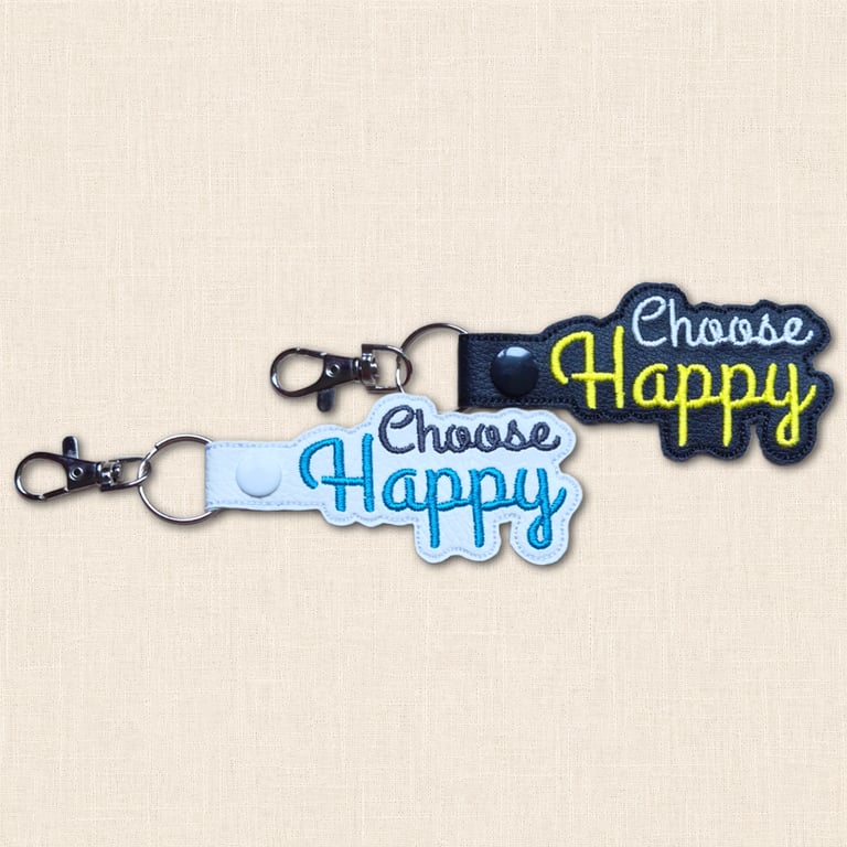 Choose Happy Keyring - Embroidered Faux Leather Bag Charm