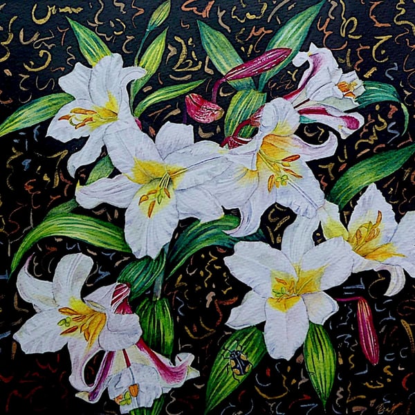 White Lilly  Botanical Watercolour Original Painting