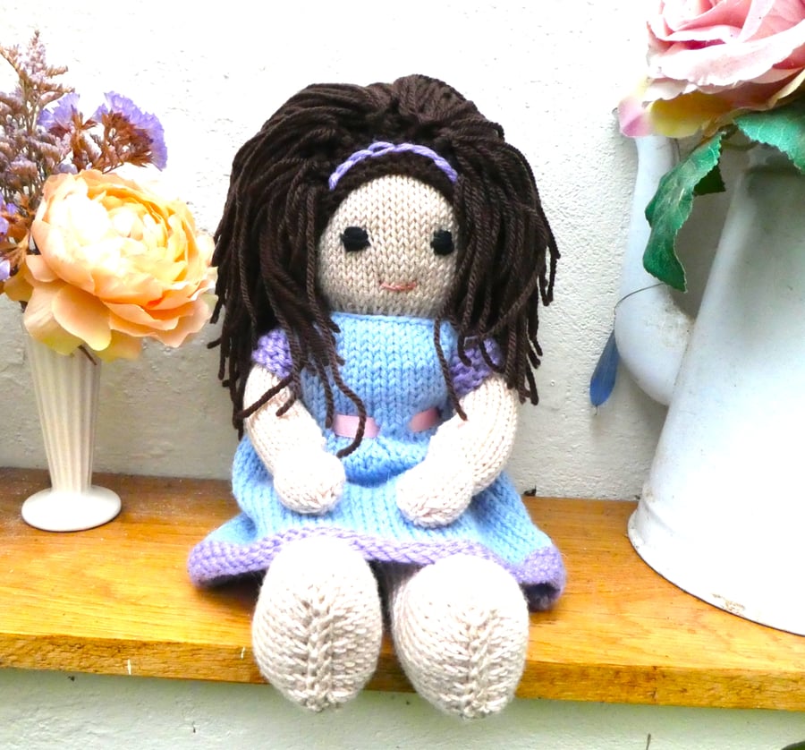 Doll. Hand Knitted Doll 12" handmade Doll with Brown Hair & Removable  Dress