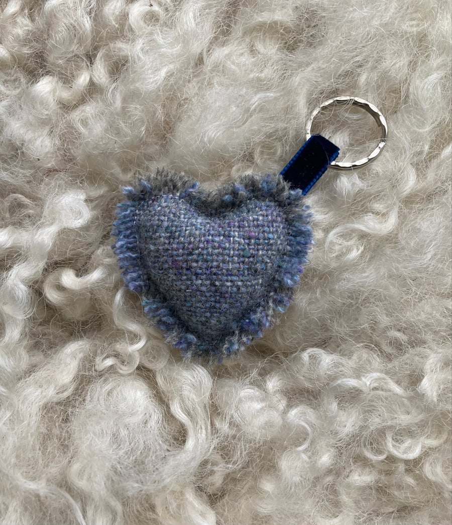 Heart Keyring - Blue Donegal tweed wool. Handwoven in Wales