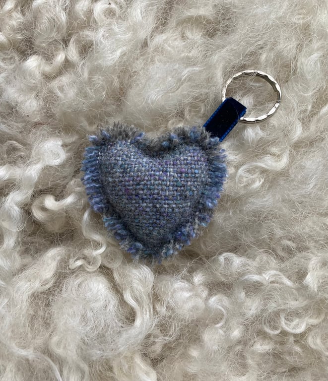 Heart Keyring - Blue Donegal tweed wool. Handwoven in Wales