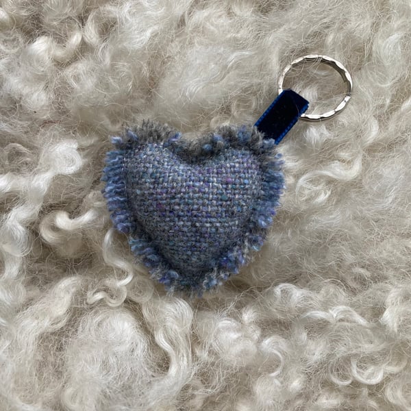 Heart Keyring - Blue Donegal tweed wool. Handwoven in Wales