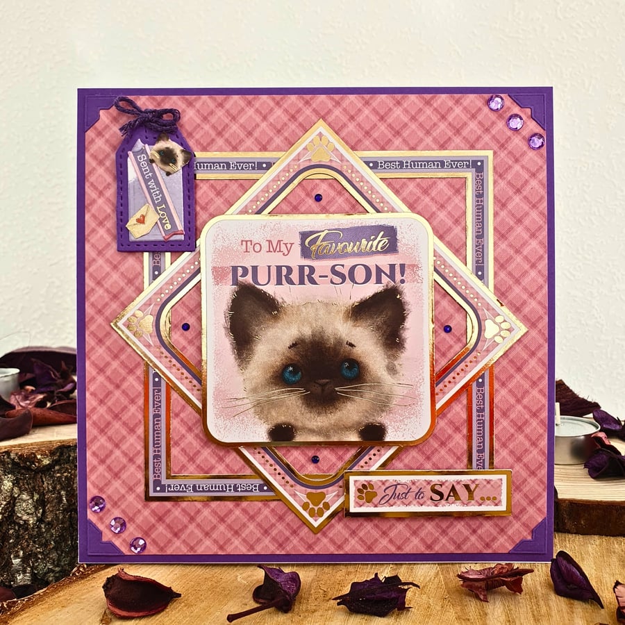 Handmade Card For Various Occasions With Kitten, Animal Themed, Pink & Purple