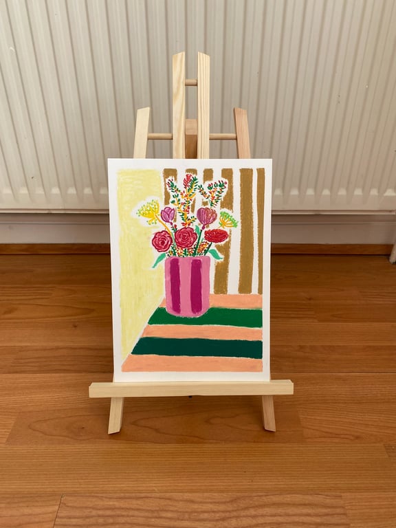 Pink Vase Bouquet - Original Oil Pastel Still Life