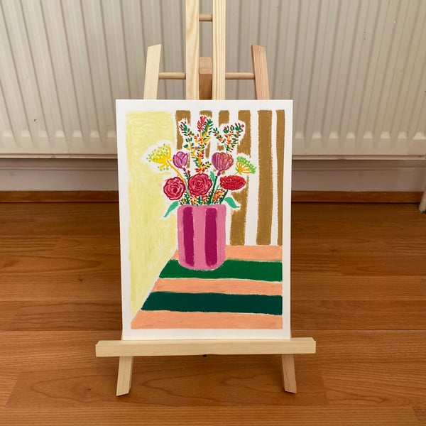 Pink Vase Bouquet - Original Oil Pastel Still Life
