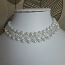 White Beaded Choker necklace glass bead pearl & Bicone